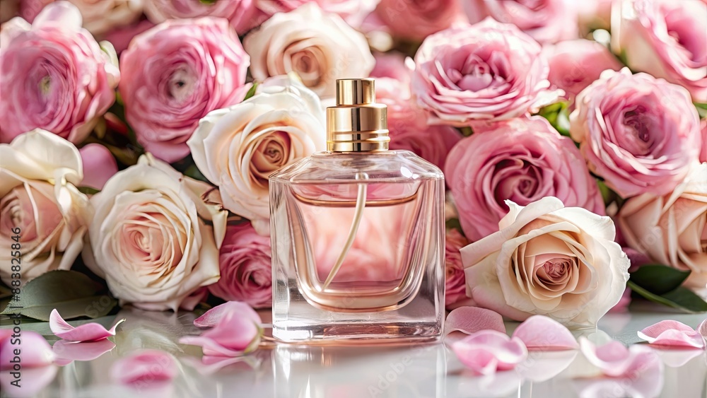 A bottle of luxurious perfume surrounded by delicate pink roses, fragrance, beauty, elegance, scent, floral, perfume bottle A bottle of luxurious perfume surrounded by delicate pink roses, fragrance, beauty, elegance, scent, floral, perfume bottle