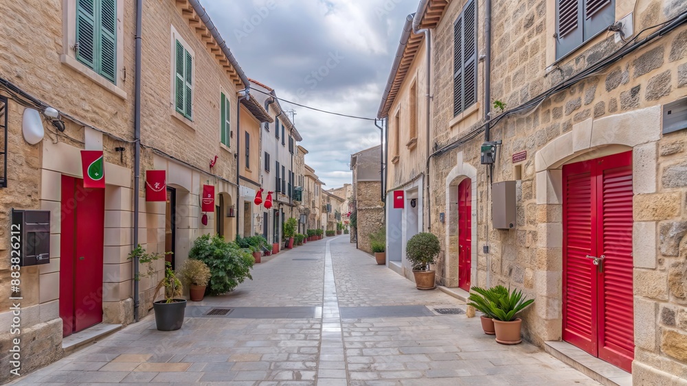 Fototapeta premium Charming narrow cobblestone streets of Alcudia Old Town in Majorca Mallorca, historic, beautiful, architecture