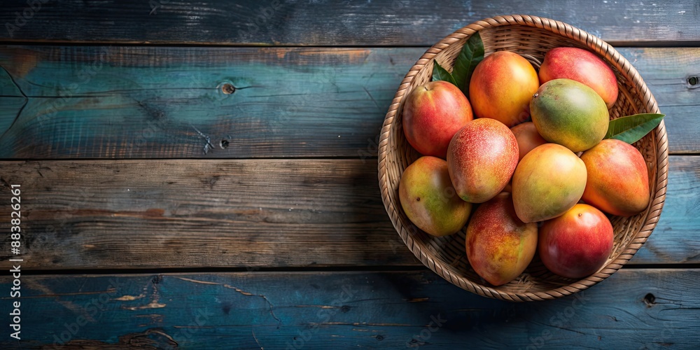 Fresh mangoes displayed on a rustic wooden table , mangoes, fresh, nature, sweetness, ripe, organic, tropical, juicy Fresh mangoes displayed on a rustic wooden table , mangoes, fresh, nature, sweetness, ripe, organic, tropical, juicy