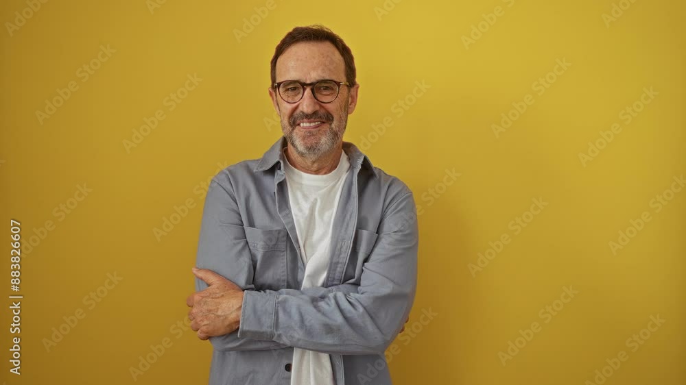 Hispanic middle-aged man wearing glasses standing with crossed arms, happy and smiling, looking positive against an isolated yellow background Hispanic middle-aged man wearing glasses standing with crossed arms, happy and smiling, looking positive against an isolated yellow background