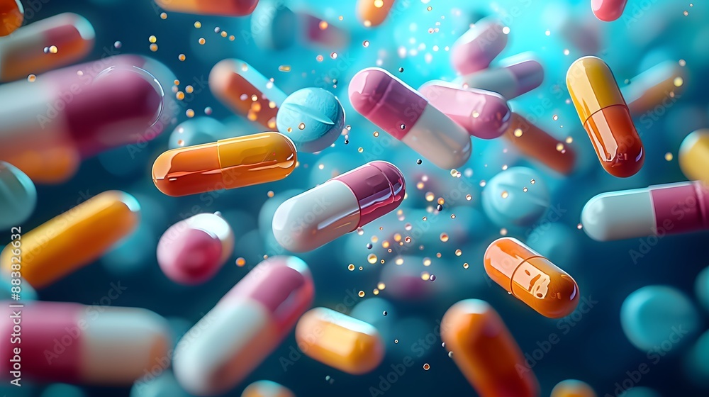 A dynamic scene of colorful pills and capsule flying in the air including opioids, vitamins, and a variety of medicines, scattered across a surface, representing healthcare and medication diversity