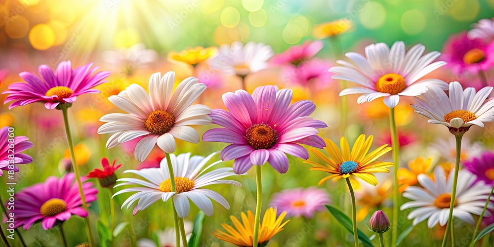 Vibrant daisies blooming in a lush field, flowers, nature, outdoors, meadow, spring, petals, sunny, bright, flora, countryside Vibrant daisies blooming in a lush field, flowers, nature, outdoors, meadow, spring, petals, sunny, bright, flora, countryside