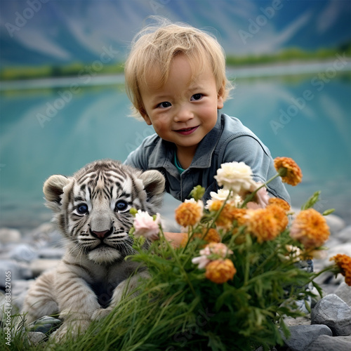 Cute boy holding tiger  photo