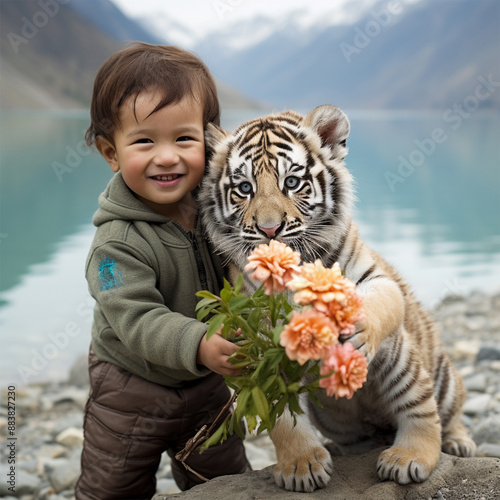 little child with a tiger photo