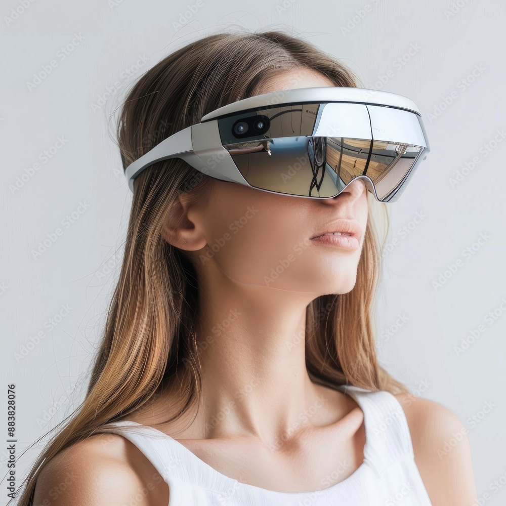 Naklejka premium A wearable augmented reality headset displaying interactive educational content for students studying biology
