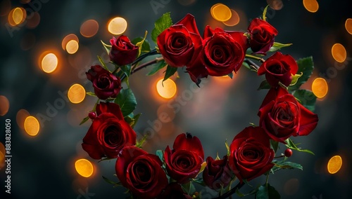 A heart-shaped arrangement of red roses with bokeh lights, perfect for a romantic advertising display, Free space for text Valentine's Day concept