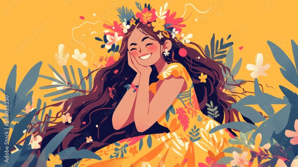 Cute cartoon Full body studio portrait of a woman in a flowing Polynesian muumuu dress, flowers in her hair illustrations Cute cartoon Full body studio portrait of a woman in a flowing Polynesian muumuu dress, flowers in her hair illustrations