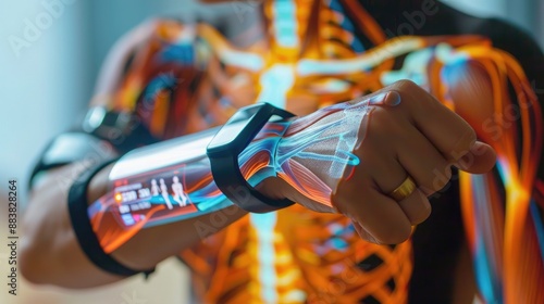 A wearable fitness tracker with a holographic display showing a 3D model of the human anatomy highlighting muscles worked during exercise