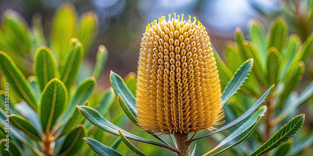 A detailed of a Banksia spinulosa bush isolated on a background, Australian flora, native plant, spiky leaves A detailed of a Banksia spinulosa bush isolated on a background, Australian flora, native plant, spiky leaves