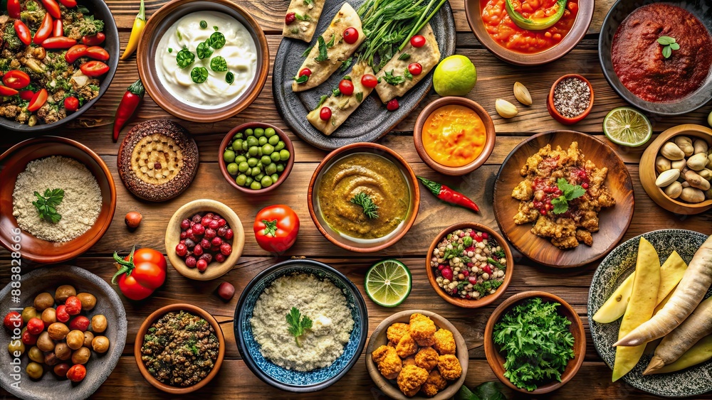 A long table filled with a variety of delicious foods from different cultures, buffet, banquet, international, diverse A long table filled with a variety of delicious foods from different cultures, buffet, banquet, international, diverse