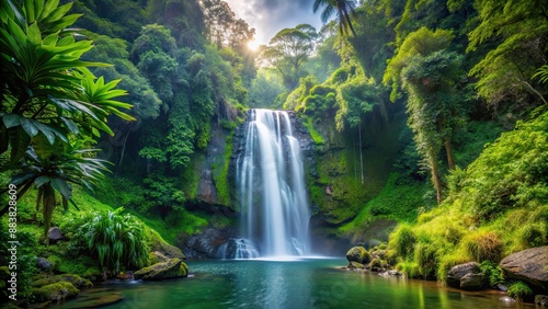 A stunning waterfall flowing through lush jungle vegetation, waterfall, jungle, nature, tropical, flow, landscape, environment