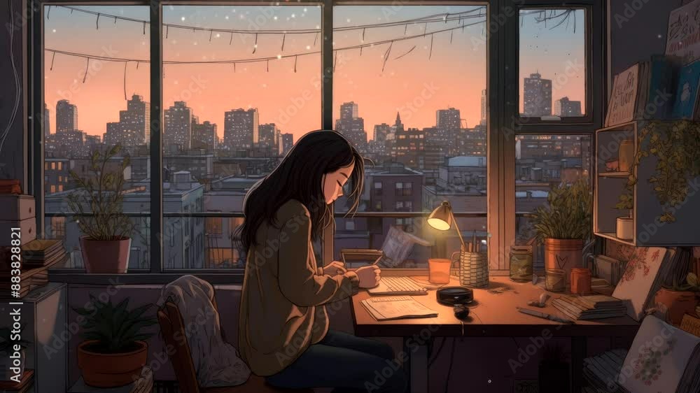 Animated girl writing in a cozy room at sunset with a city view through the window and warm desk lamp. Winter evening writing concept Animated girl writing in a cozy room at sunset with a city view through the window and warm desk lamp. Winter evening writing concept