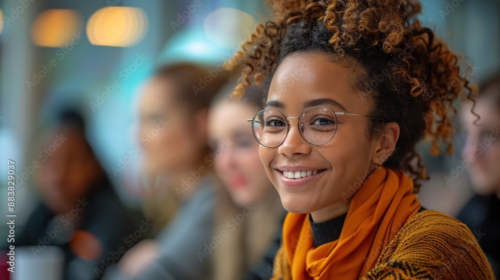 Smiling Woman with Curly Hair and Glasses Smiling Woman with Curly Hair and Glasses