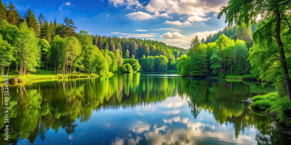 Fototapeta premium A peaceful lake surrounded by lush green trees in a serene forest setting, nature, landscape, water, trees, calm