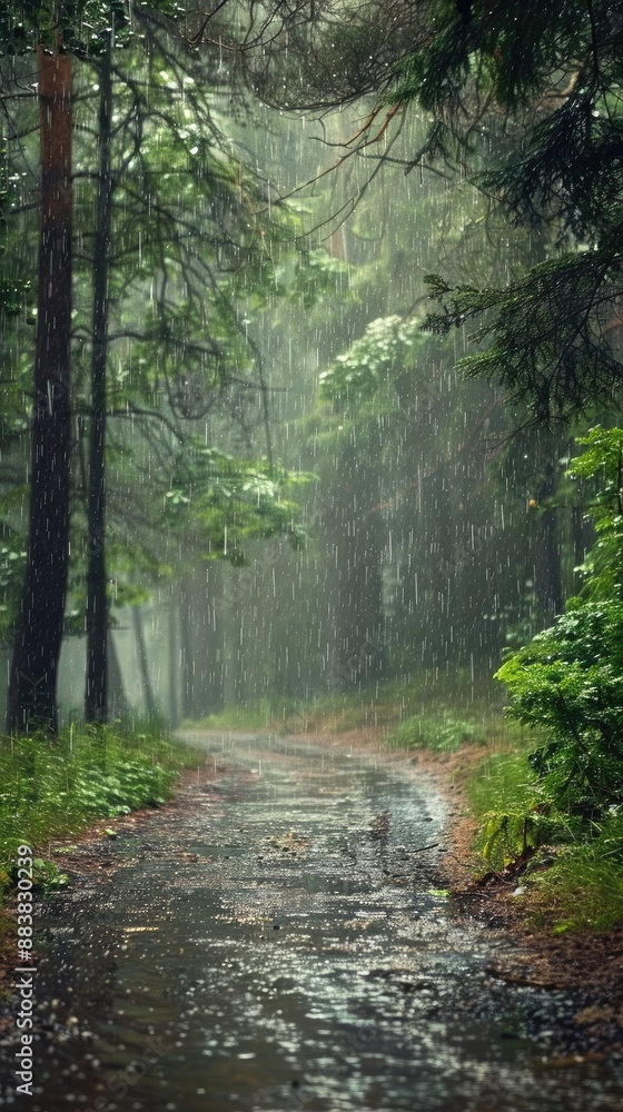 Obraz premium Tranquil Forest Path in the Rain, Serene Nature Walk Through Lush Woodland Setting.