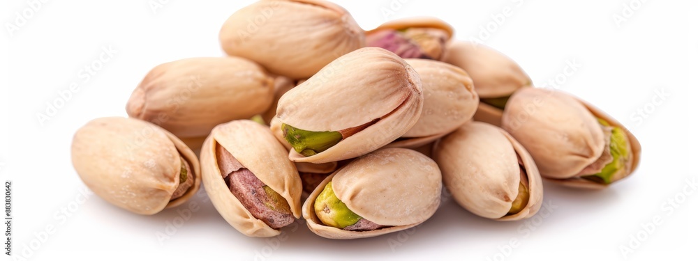 A pile of pistachios on a white surface; one nut atop another A pile of pistachios on a white surface; one nut atop another