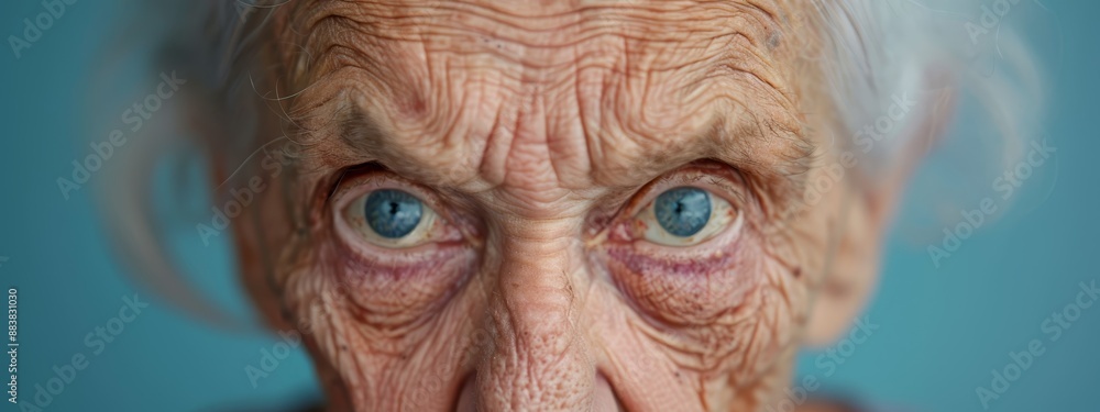  A tight shot of an elderly woman's weathered face, adorned with intricate wrinkles around her eyes