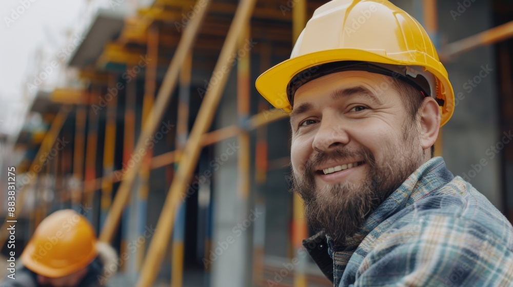 Portrait of happy building contractor and worker at construction site Portrait of happy building contractor and worker at construction site