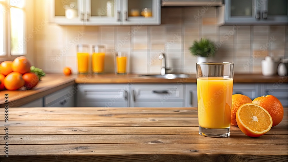 A refreshing glass of orange juice on a wooden kitchen table, fresh, healthy, drink, beverage, citrus, vitamin C, breakfast A refreshing glass of orange juice on a wooden kitchen table, fresh, healthy, drink, beverage, citrus, vitamin C, breakfast