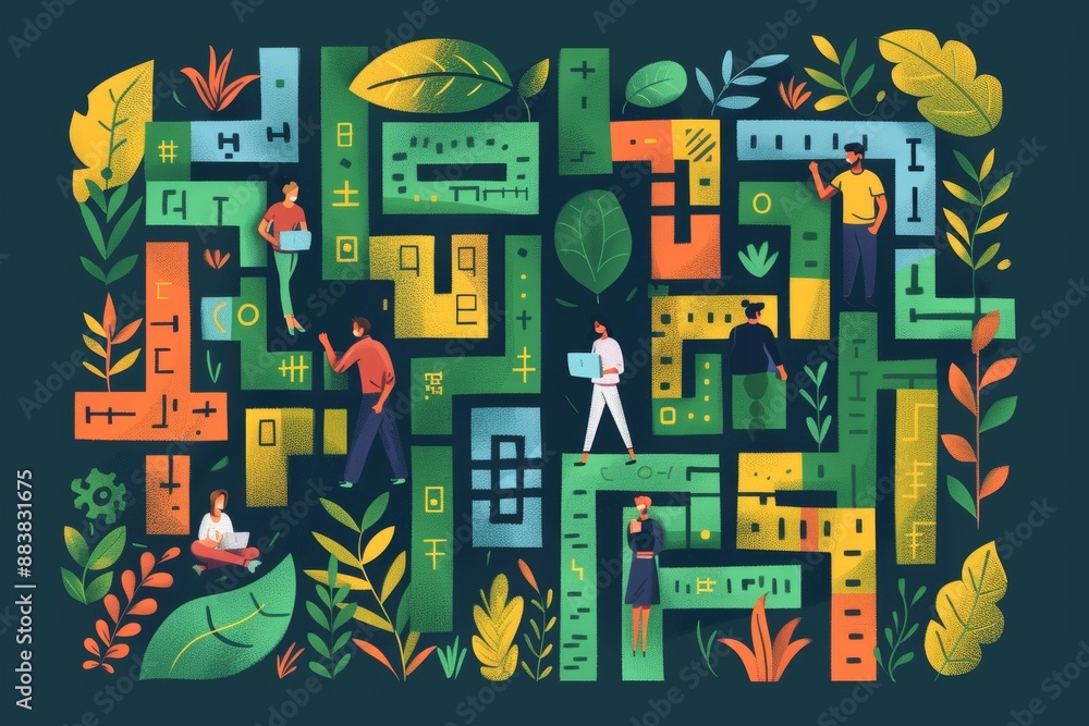 Creative thinking with labyrinth designs flat design top view theme exploration cartoon drawing vivid., Creative thinking with labyrinth designs flat design top view theme exploration cartoon drawing vivid.,
