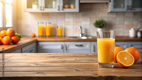 A refreshing glass of orange juice on a wooden kitchen table, fresh, healthy, drink, beverage, citrus, vitamin C, breakfast