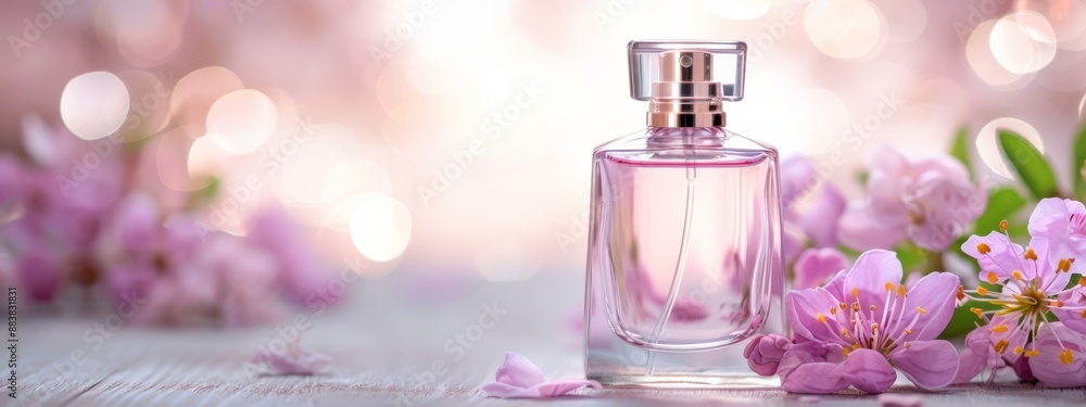 A bottle of perfume atop a wooden table, surrounded by a bouquet of pink flowers A bottle of perfume atop a wooden table, surrounded by a bouquet of pink flowers
