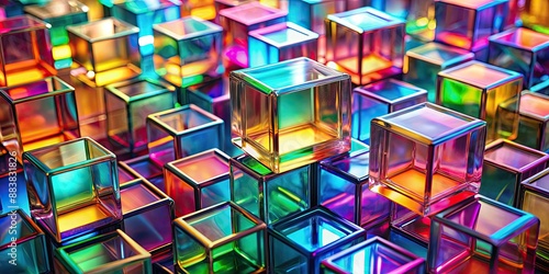 A visually dynamic assemblage of colorful and varied cubes reflecting and refracting light, cube, assemblage