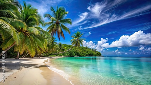 A beautiful sandy beach with clear blue water and palm trees in the background  tropical  paradise  vacation  coast  ocean
