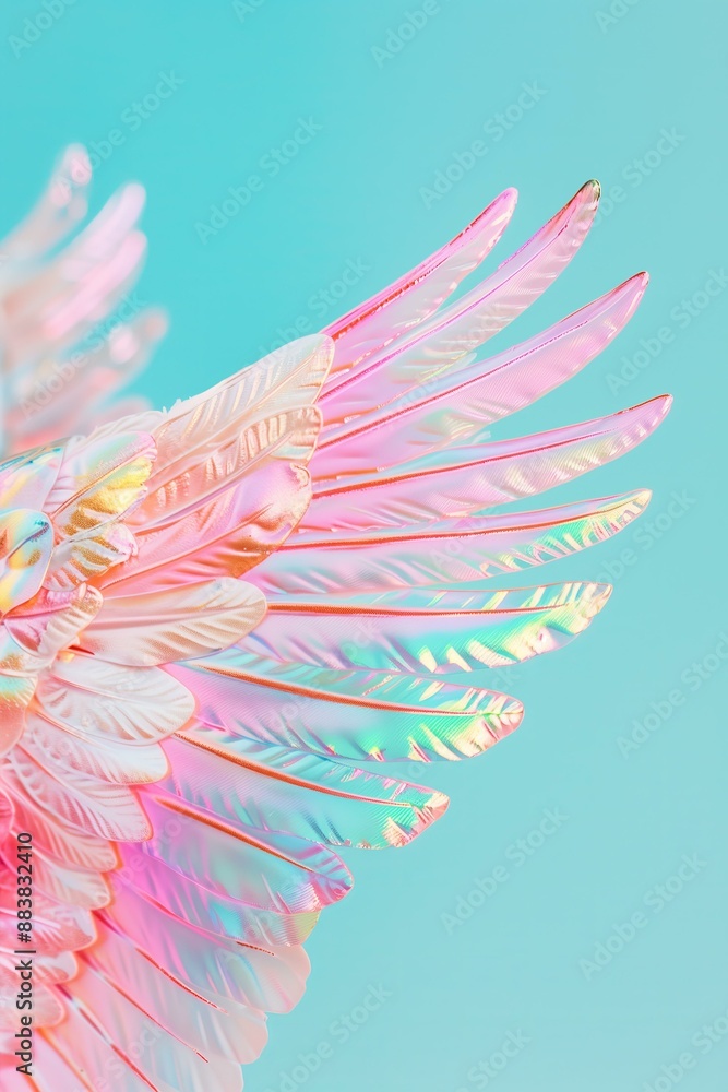 side view detail of iridescent angel wings with real looking fluffy feathers on a pastel blue background side view detail of iridescent angel wings with real looking fluffy feathers on a pastel blue background