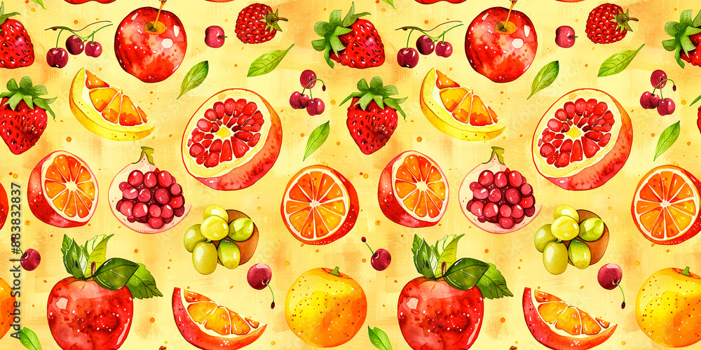 Various of set red fruit in water color hand drawing.seamless pattern elements design background.healthy eating nutrition with organic food Various of set red fruit in water color hand drawing.seamless pattern elements design background.healthy eating nutrition with organic food