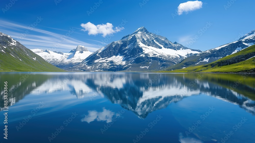Snow-capped mountains reflecting in a crystal-clear lake, majestic, serene Snow-capped mountains reflecting in a crystal-clear lake, majestic, serene