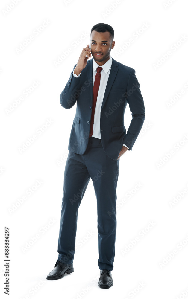 Phone call, business attorney and black man with discussion in studio on white background. Professional lawyer, mobile and male employee, legal advocate and African advisor in law firm for career Phone call, business attorney and black man with discussion in studio on white background. Professional lawyer, mobile and male employee, legal advocate and African advisor in law firm for career