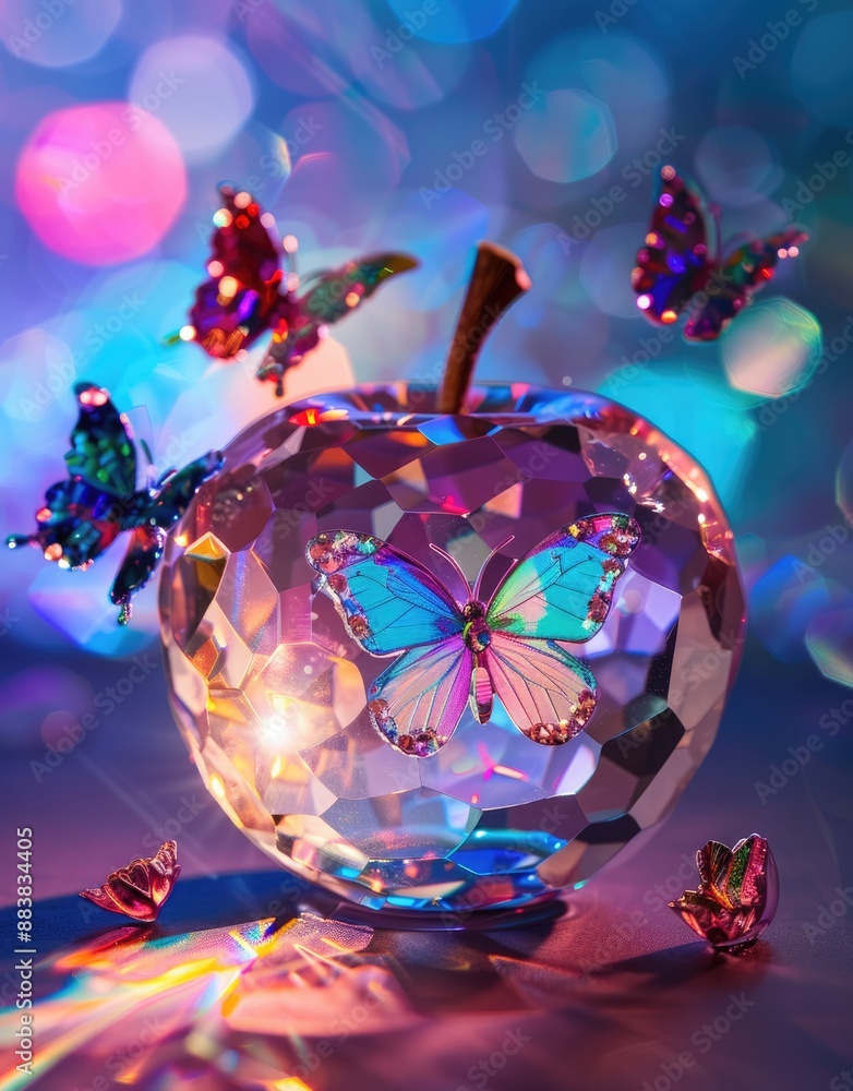 Fototapeta premium Crystal Apple with Colorful Butterflies and Bokeh Lights