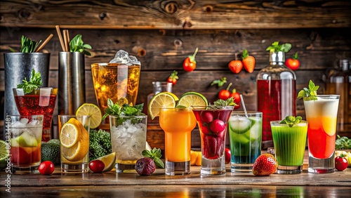 A refreshing assortment of colorful cocktails and juices on a rustic wooden bar counter, cocktails, juices