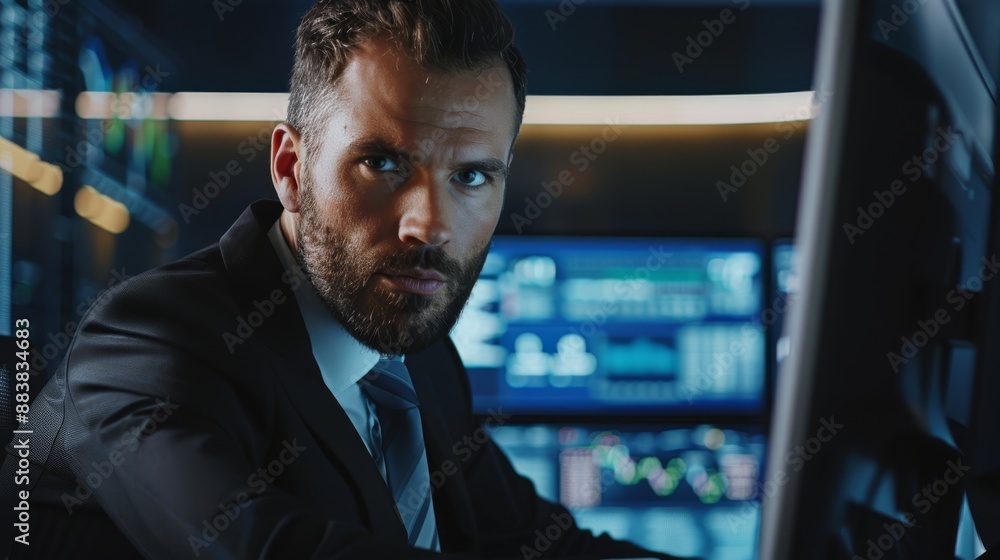 A man in a suit is sitting in front of a computer monitor A man in a suit is sitting in front of a computer monitor