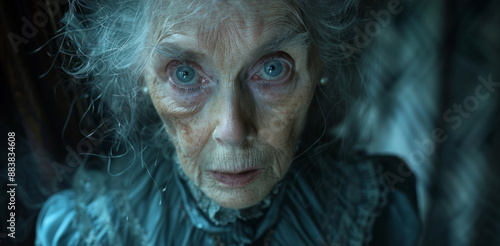 An elderly woman with a troubled expression stares directly at the camera in a dark, dimly lit setting