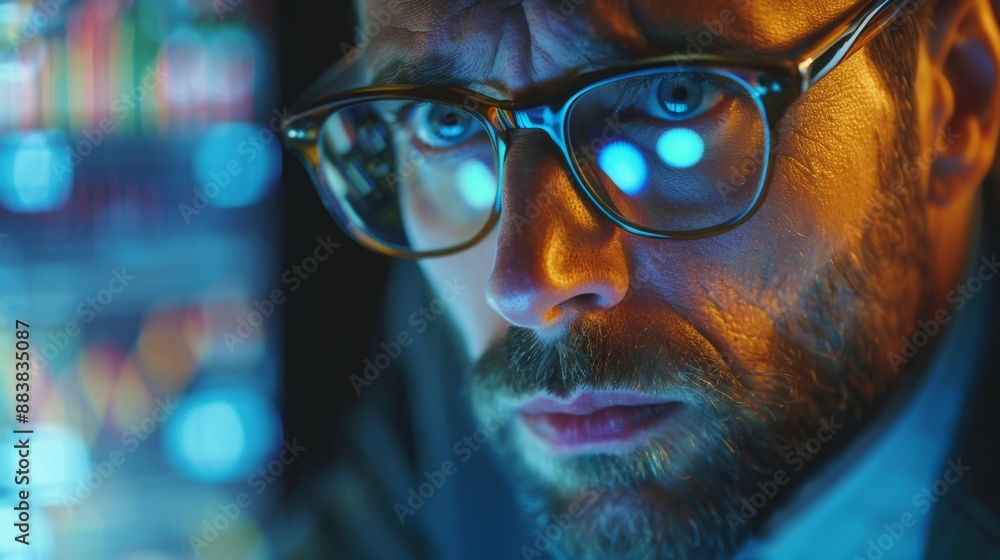 A man wearing glasses is staring at a computer screen A man wearing glasses is staring at a computer screen