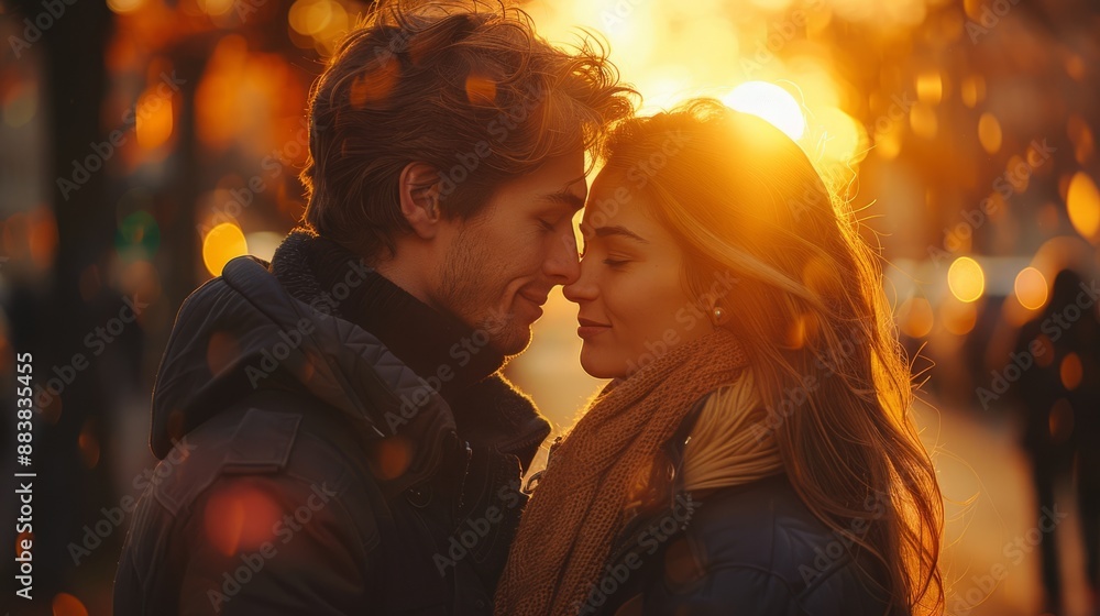 A couple embraces in the warm glow of a setting sun A couple embraces in the warm glow of a setting sun