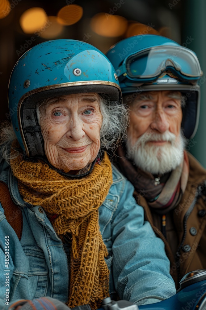 A senior woman and man wearing helmets and scarves, sitting on a motorcycle, likely preparing for a ride A senior woman and man wearing helmets and scarves, sitting on a motorcycle, likely preparing for a ride