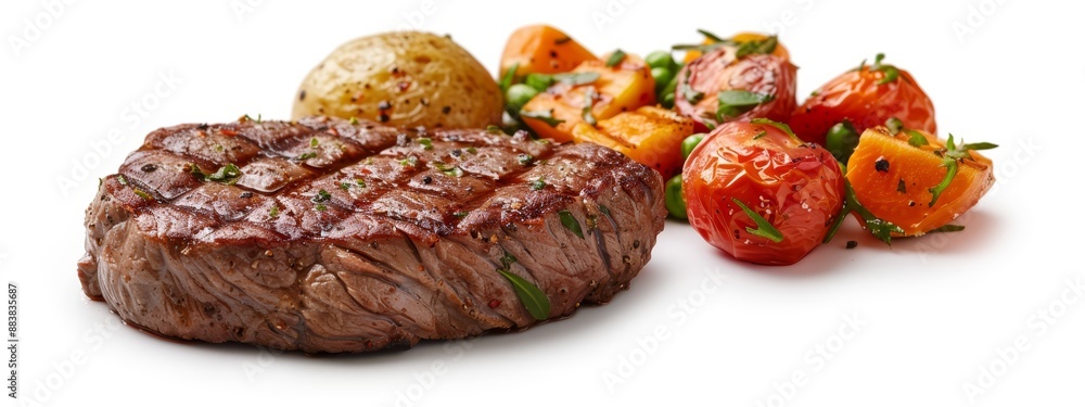 A steak adjacent to piles of tomatoes, green beans, and carrots A steak adjacent to piles of tomatoes, green beans, and carrots