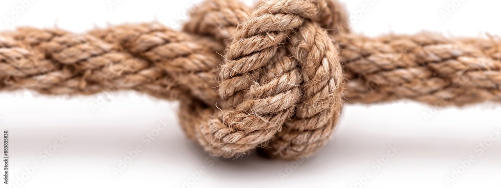 A tight knot of rope against a pristine white backdrop, mirrored by its reflection on the ground below A tight knot of rope against a pristine white backdrop, mirrored by its reflection on the ground below