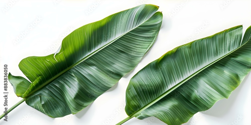 Obraz na plátně Green banana and traveler palm leaves isolated on white background long