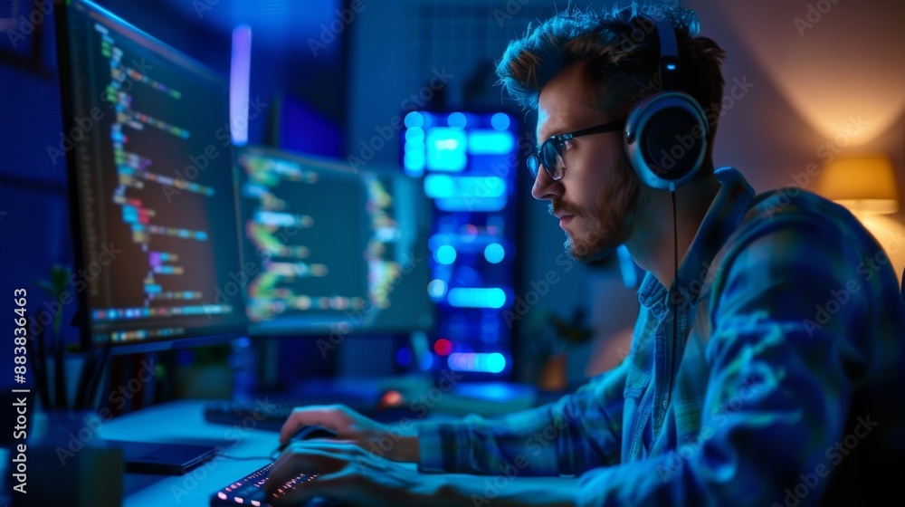 A man is sitting at a desk with two computer monitors and a keyboard A man is sitting at a desk with two computer monitors and a keyboard