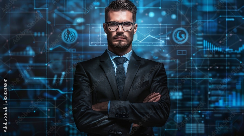 A man in a suit stands in front of a computer screen with a lot of numbers A man in a suit stands in front of a computer screen with a lot of numbers