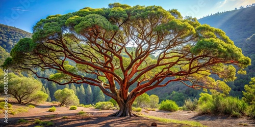 Image featuring a beautiful, mature manzanita tree in a serene forest setting, manzanita tree, nature, forest, tree trunk