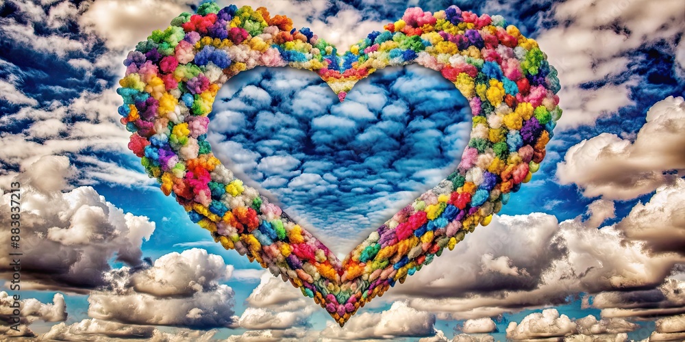 Obraz premium Colorful heart shape in the clouds, perfect for Valentine's Day celebration, Valentine, love, heart, abstract, clouds