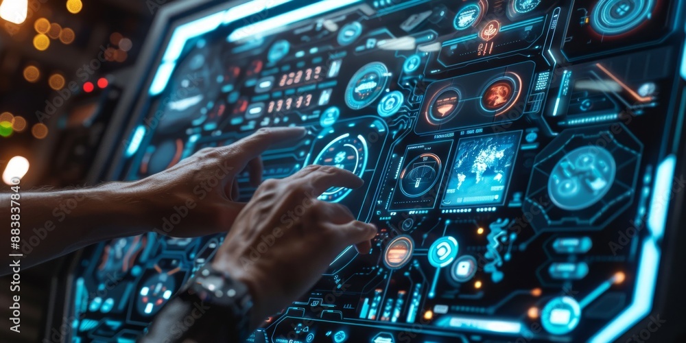 Hands Interacting with Futuristic Interface Hands Interacting with Futuristic Interface