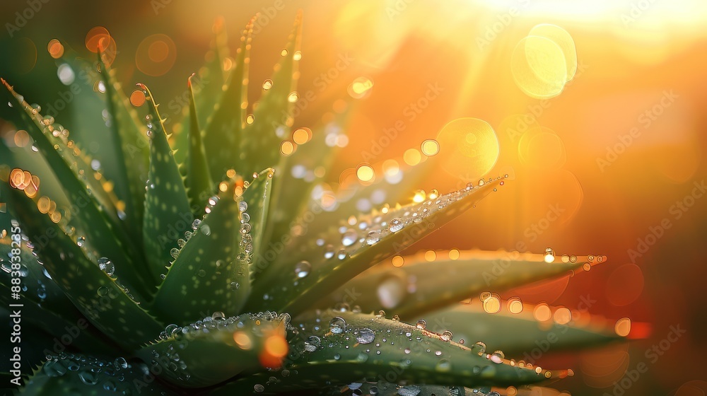 Aloe Vera Plant With Dew Drops and Golden Sunset Aloe Vera Plant With Dew Drops and Golden Sunset