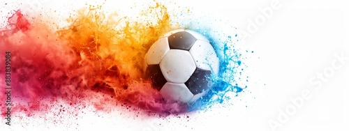  A soccer ball is adorned with red  orange  yellow  and blue hues against a pristine white backdrop