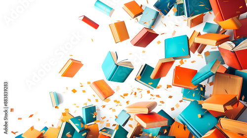 Colorful hardcover books flying on white background copy space . Generative AI